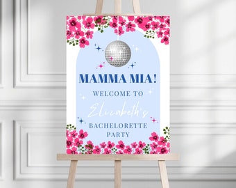 Editable Mamma Mia Disco Bachelorette Welcome Sign | Mamma Mia Disco | Blue And White Greek Hen Bach Welcome Board | Dancing Queen