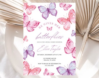 May include: A bridal shower invitation with a watercolor butterfly design. The invitation reads "He gives her butterflies" and includes the bride's name, Ellie Taylor, the date and time of the shower, and the address. RSVP information is also included.