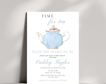 Teeparty-Babyparty-editierbare Einladung | Blaue Zeit für Tee mit der Mama-To-Be | Ein Baby Brauen Einladen | | Teetassen-Dusche-Vorlage