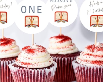 Hockey Rookie Year 1st Birthday Cupcake Toppers | Editable Minimalist Hockey Theme Cupcake Toppers | Watercolor Sports Party Dessert Toppers