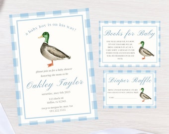 Duck Baby Shower Invitation Bundle | Editable Mallard Duck Boy Baby Shower Bundle | Diaper Raffle | Books For Baby | Hunting Theme Shower