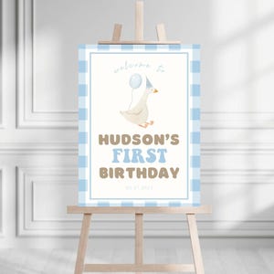 One Silly Goose Editable Birthday Welcome Sign | Goose Theme 1st Birthday Welcome Sign | Blue Gingham Goose Boy 1st Birthday Party Sign