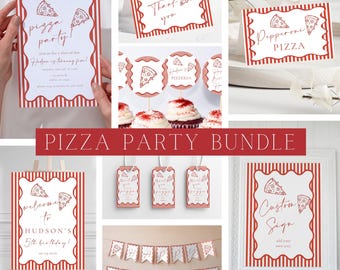 Editable Pizza Party Decor Bundle | Italian Pizza Birthday Party Bundle | Red Stripes Whimsical Hand Drawn Pizza Party Printable Templates
