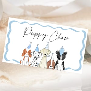 Tentlabel voor puppy Pawty | Bewerkbare hondenthemafeestvoedsel tentetiketten | Let's Pawty verjaardagsetiket etenstent | Plaatskaarten met hondenthema