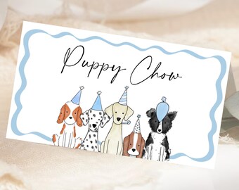 May include: A white card with blue scalloped edges and the text "Puppy Chow" in black script. Five cartoon dogs wearing party hats are lined up at the bottom of the card.