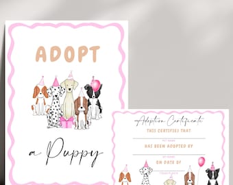 Girl Adopt A Puppy Certificate Card And Sign | Editable Pink Dog Adoption Certificate | Printable Pink Puppy Pawty Stuffed Dog Adoption Sign