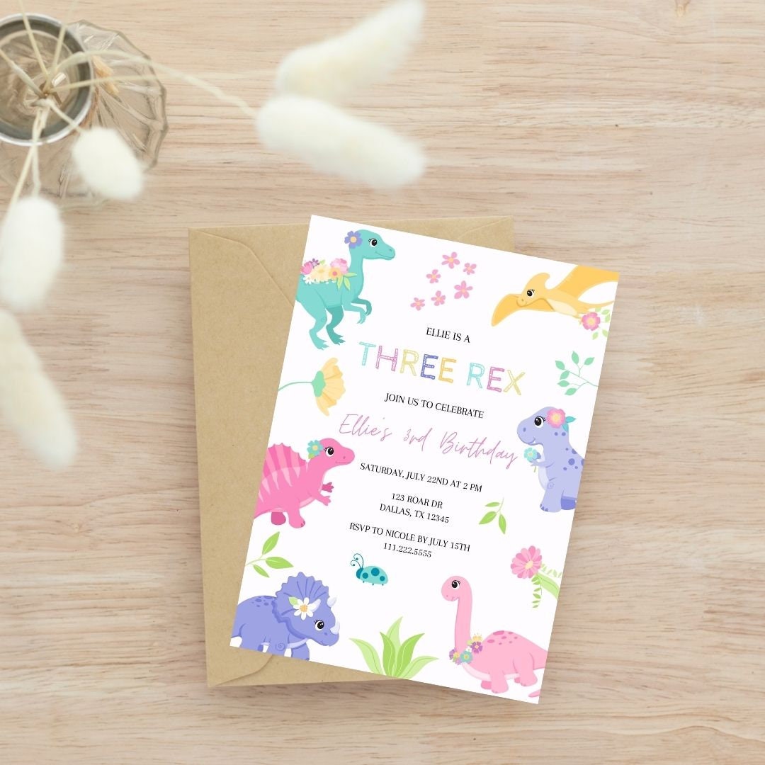 Girl Dinosaur Birthday Invitation Girl Three Rex Invitation Etsy