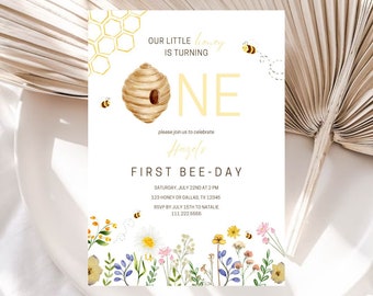 Bearbeitbare erste Bienen-Tages-Einladung | Biene erste Geburtstag Einladung | Unser kleiner Honig Invite | Honey Bee Invite | Blumen Biene Geburtstag