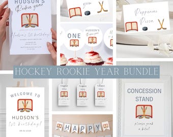 Hockey Rookie Year 1st Birthday Party Bundle | Editable Minimalist Hockey Theme Bundle | Modern Watercolor Sports Party Printable Templates