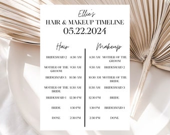 Wedding Hair And Makeup Timeline Template | Minimalist Bridal Party Hair And Makeup Schedule | Wedding Glam Schedule | Wedding Itinerary