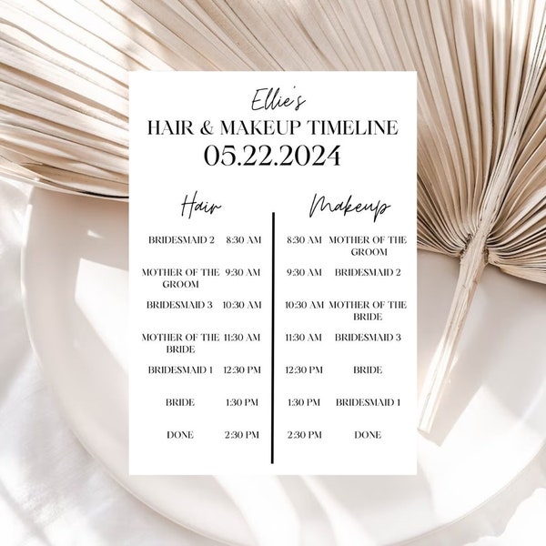 Wedding Hair And Makeup Timeline Template | Minimalist Bridal Party Hair And Makeup Schedule | Wedding Glam Schedule | Wedding Itinerary