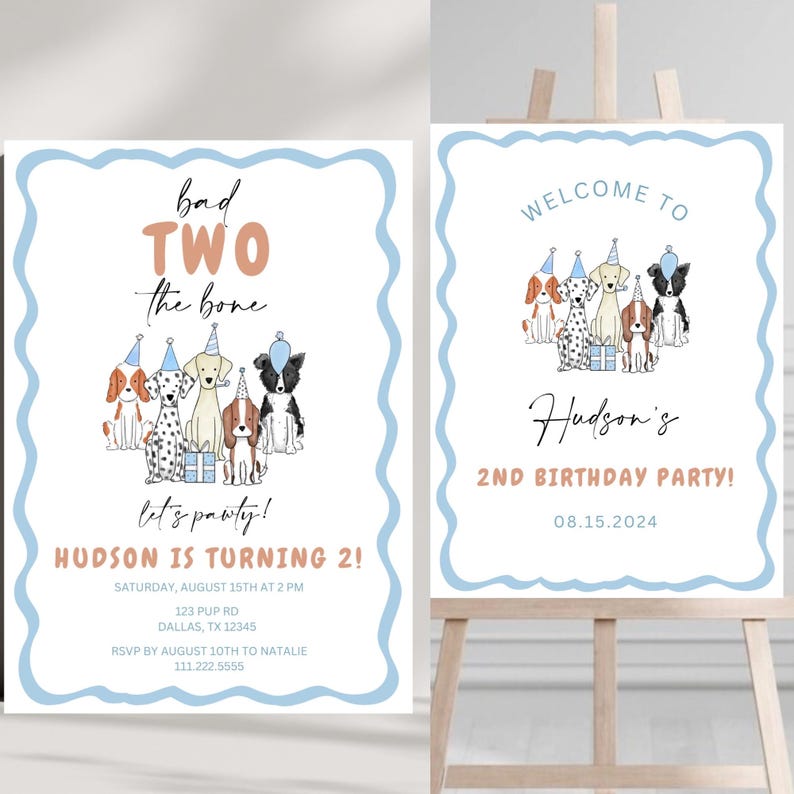 Peut inclure: Une invitation de f&ecirc;te d'anniversaire bleue et blanche avec une illustration de chiens en dessin anim&eacute; portant des chapeaux de f&ecirc;te. Le texte indique "Bad Two the Bone" et "Hudson a 2 ans !" avec des d&eacute;tails sur la f&ecirc;te ci-dessous.
