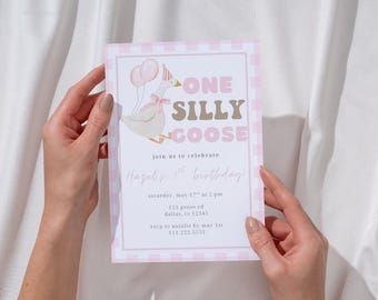 Pink One Silly Goose Editable Birthday Invitation | Goose Theme 1st Birthday Invite | Pink Gingham Goose Girl 1st Birthday Invitation