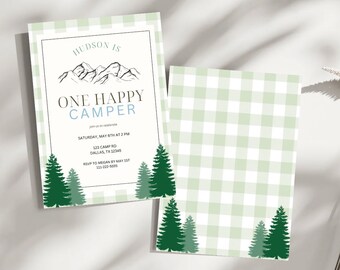 One Happy Camper Birthday Invitation | Camping Birthday Invitation | Instant Download | Camping Themed 1st Bday | Green Checkered Template