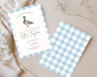 Mallard Duck Baby Shower Editable Invitation | Duck Boy Baby Shower Template | Instant Download | Hunting Theme Baby Shower | Blue Gingham