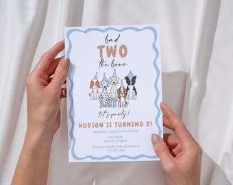 Bad Two The Bone Dog Birthday Invitation | Editable Puppy Pawty Invitation | Dog Theme 2nd Birthday Party Printable Template