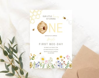 Bee First Birthday Editable Invitation | First Bee Day Invitation | Our Little Honey Invite | Honey Bee Invite | Floral Bee Birthday
