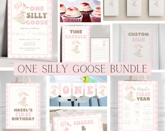 Pink One Silly Goose 1st Birthday Bundle | Goose Theme 1st Birthday Editable Party Bundle | Pink Gingham Goose Girl 1st Birthday Bundle