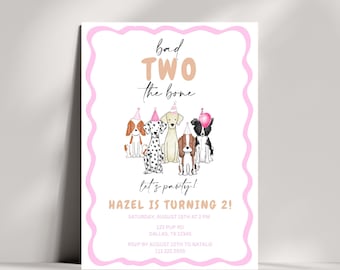 Convite de aniversário do cachorro Girl Bad Two The Bone | Convite editável Pink Puppy Pawty | Modelo para impressão de festa de 2 anos com tema de cachorro