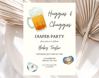 Huggies and Chuggies Diaper Party Editable Invitation | A Baby Is Brewing | Dad’s Baby Shower | Dudes And Diapers | Diapers And Dads