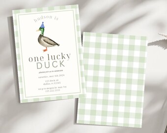 May include: A green and white gingham pattern invitation card with a duck wearing a blue party hat. The text on the card reads "hudson is one lucky duck please join us to celebrate saturday, may 6th 2024 123 duck rd dallas, ix 12345 rsvp to megan by may 1st 111.222.5555".