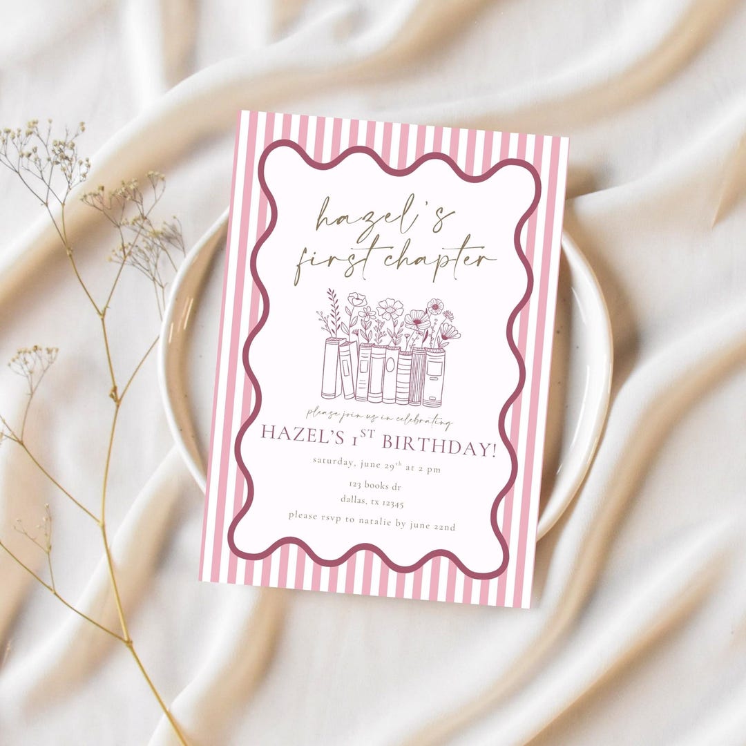 First Chapter Theme Editable Storybook 1st Birthday Invitation | First Chapter Birthday ...
