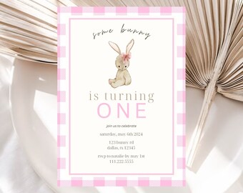 Pink Some Bunny Is Turning One Editable Invitation | Minimalist Girl Bunny 1st Birthday Invite | Instant Download | Pink Checkered Template