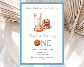 May include: A blue and white invitation card with a cartoon illustration of a glass of milk and chocolate chip cookies. The text on the card reads "Cookies. Milk and So Much Fun. Hazel is Turning ONE. Saturday, July 22nd at 2 PM. 123 Cookie Rd. Dallas, TX 12345. RSVP to Natalie by July 15th. 111.222.5555."
