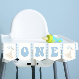 One Silly Goose Birthday Banner Flags | Goose Theme 1st Birthday One High Chair Banner | Blue Gingham Goose One High Chair Banner Decor