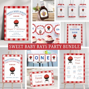 May include: A party bundle with a BBQ theme, featuring invitations, cupcake toppers, signs, and food labels. The designs include a red and white checkered pattern and a grill illustration. The text includes "Sweet Baby Hayes" and "Hayes' 1st birthday!"