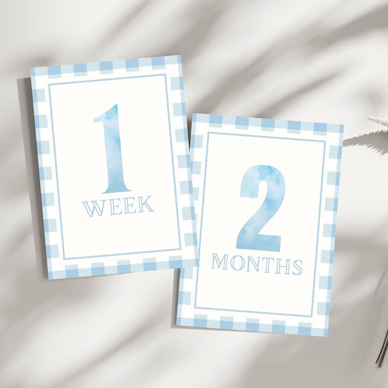 Blue Gingham Watercolor Milestone Cards | Classic Boy Monthly Milestone ...