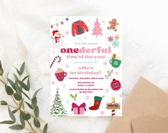 É o convite de aniversário da época mais ONEderful do ano | Convite editável de aniversário de Natal | Modelo de Natal de menina vermelha e rosa