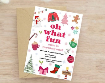 Convite de aniversário de Natal editável | Oh, que divertido é ser um | Modelo de aniversário de Natal para menina vermelha e rosa | 1º aniversário de Natal