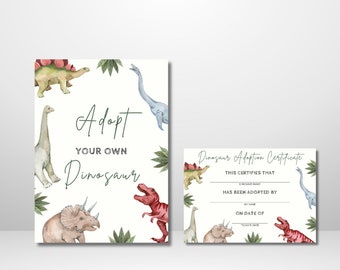 Adopteer een dinosauruscertificaatkaart en onderteken | Bewerkbare Dino T-Rex verjaardagsfeestje adoptiekaart | 8x10 feestbord | Afdrukbare doe-het-zelf-download