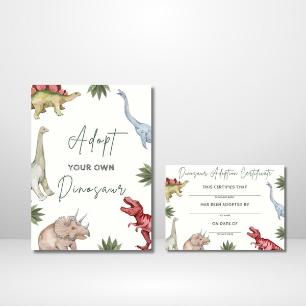 Adopt A Dinosaur Certificate Card And Sign | Editable Dino T-Rex Birthday Party Adoption Card | 8x10 Party Sign | Printable DIY Download