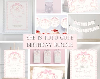 She Is Tutu Cute Birthday Party Bundle | Editable Ballerina Tutu Themed Bday Party Bundle | Pink Bow Ballerina Tutu Party Template Bundle