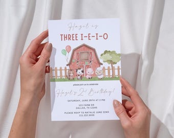 Three-I-E-I-O Birthday Invitation | Editable Farm Animals Birthday Invite | Farm Animal Theme 3rd Bday Invitation | Tractor Farm Template