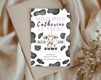 Moo Moo I’m Two Invitation | Pink Cow 2nd Birthday Invite | Cowgirl Farm Birthday | Cow Print Party Invite | Editable Farm Birthday Invite