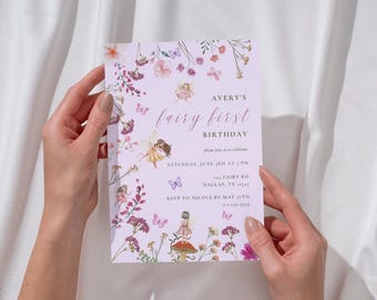 Convite editável para o primeiro aniversário da fada | Modelo para o primeiro aniversário da fada | Aniversário no jardim mágico encantado | Convite para o aniversário da fada