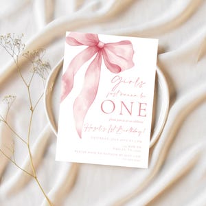 Pink Girls Just Wanna Be One Birthday Invitation | Editable Pink Bow First Birthday Invite | Preppy Coquette Pink Bow Birthday Invitation