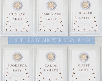 Editable Coffee Theme Baby Shower Sign Bundle | A Baby Is Brewing Coffee Baby Shower Table Signs | Coffee Bean Printable Table Signs Bundle