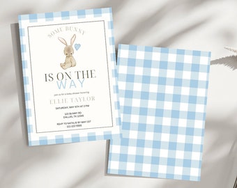 Some Bunny Baby Shower Editable Invitation | Blue Minimalist Bunny Baby Shower Invite | Some Bunny Is On The Way | Blue Checkered Template