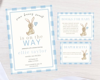 May include: A blue and white gingham patterned baby shower invitation with a bunny illustration. The invitation reads "Some bunny sweet is on the way" and includes the name "Ellie Taylor". The invitation also includes details for the shower, including the date, time, location, and RSVP information.