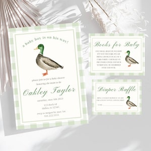 Duck Baby Shower Invitation Bundle | Editable Mallard Duck Boy Baby Shower Bundle | Diaper Raffle | Books For Baby | Hunting Theme Shower