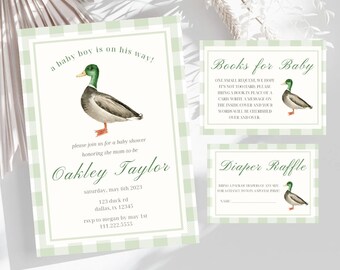 Duck Baby Shower Invitation Bundle | Editable Mallard Duck Boy Baby Shower Bundle | Diaper Raffle | Books For Baby | Hunting Theme Shower