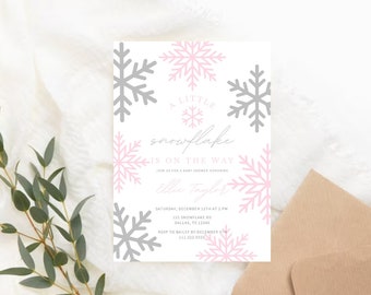 Convite editável do chá de fraldas do floco de neve de <br> Entrega Rápida? Um pequeno floco de neve está a caminho | chá de fraldas do inverno convida | Convite para chá de bebê de Natal para meninas