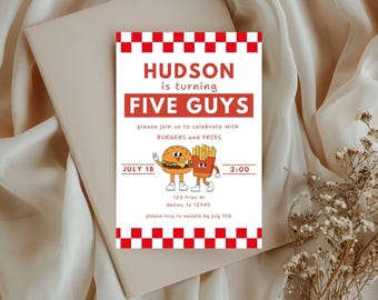 Five Guys Birthday Party Invitation |Retro Burger & Fries Birthday Template | Fast Food Birthday Party Invite | Editable Digital Download