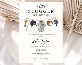 Baseball Baby Shower Invitation | A Little Slugger Is On The Way Invite | Editable Baseball Themed Baby Shower Template | Little Rookie