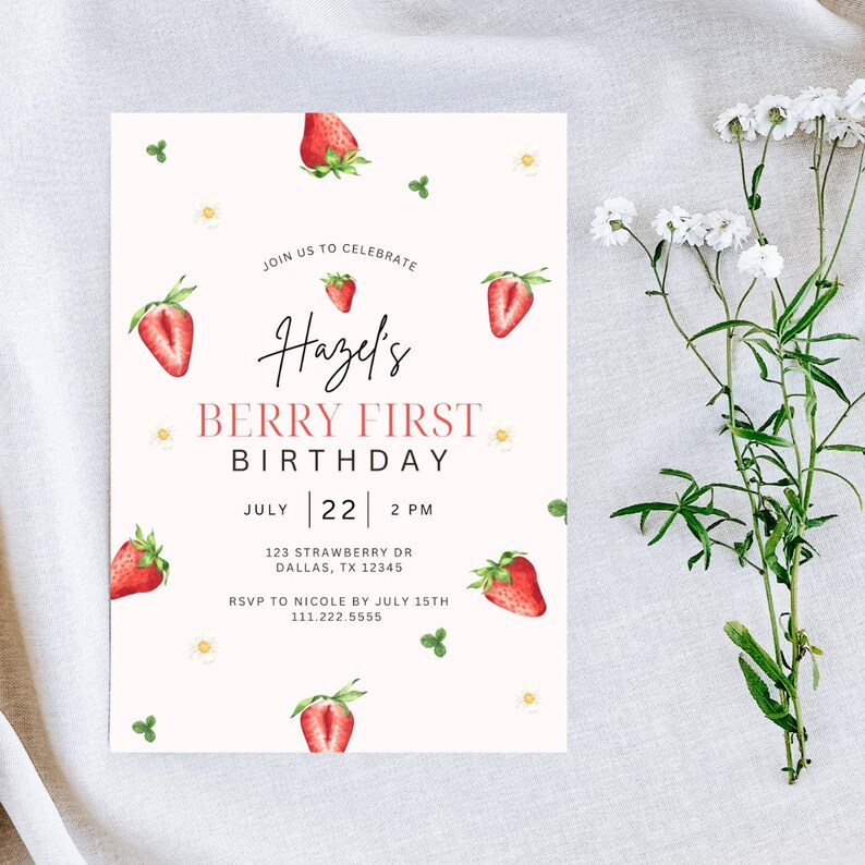Berry First Birthday Invitation | Editable Strawberry 1st Birthday ...