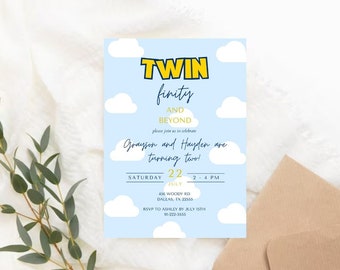 Twin Infinity et au-delà de l'invitation d'anniversaire | Twinfinity et au-delà invitent | Invitation d'anniversaire jumelle de Toy Story | Modèle d'histoire de jouet